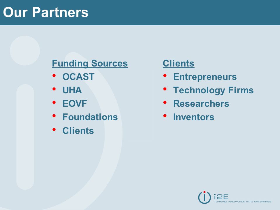 Our Partners Funding Sources OCAST UHA EOVF Foundations Clients Entrepreneurs Technology Firms Researchers Inventors