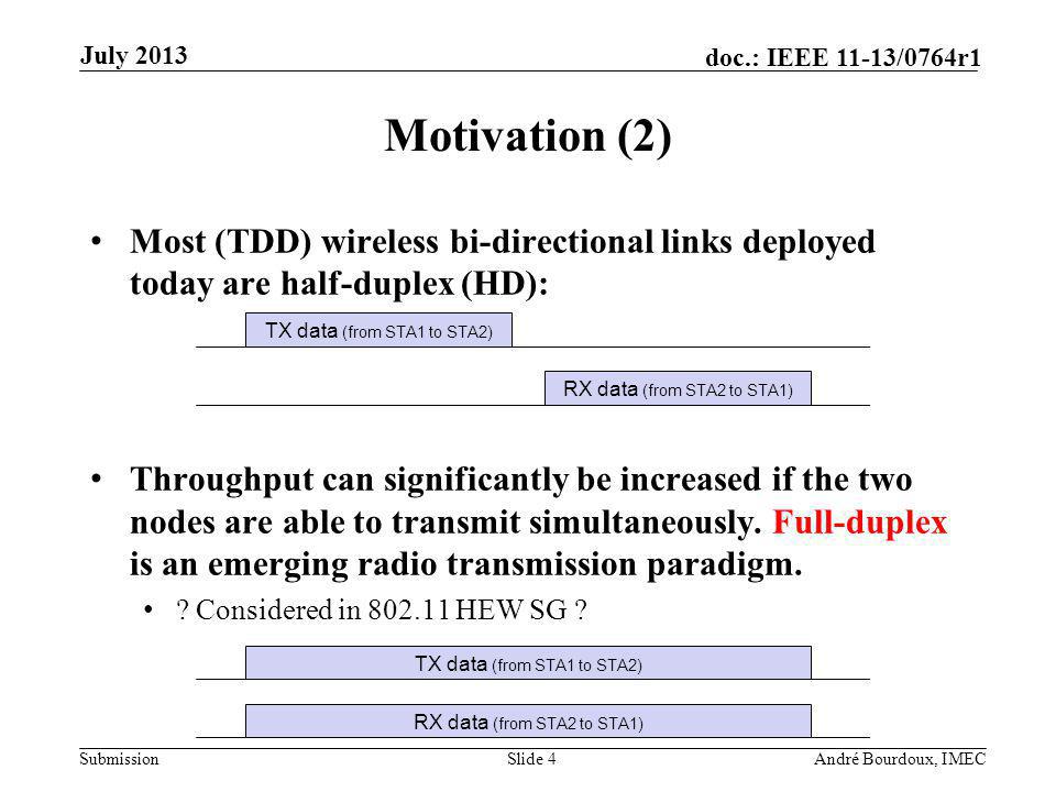 Submission doc.: IEEE 11-13/0764r1 Motivation (2) Most (TDD) wireless bi-directional links deployed today are half-duplex (HD): Throughput can significantly be increased if the two nodes are able to transmit simultaneously.