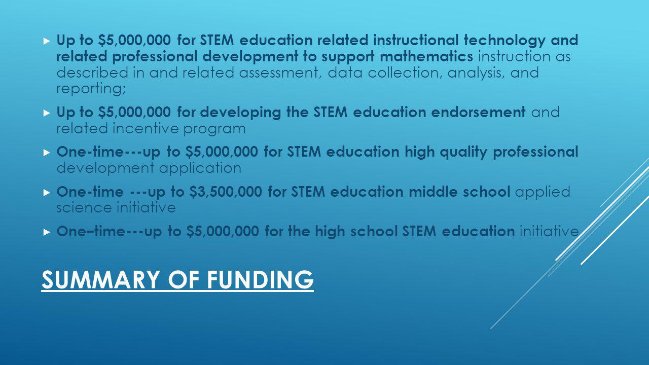 SUMMARY OF FUNDING Up to $5,000,000 for STEM education related instructional technology and related professional development to support mathematics instruction as described in and related assessment, data collection, analysis, and reporting; Up to $5,000,000 for developing the STEM education endorsement and related incentive program One-time---up to $5,000,000 for STEM education high quality professional development application One-time ---up to $3,500,000 for STEM education middle school applied science initiative One–time---up to $5,000,000 for the high school STEM education initiative