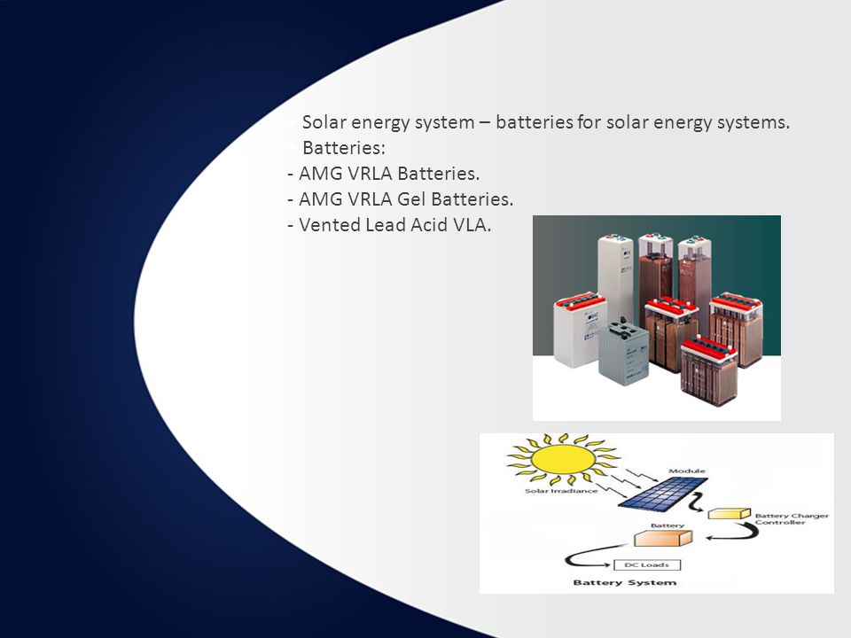 Solar energy system – batteries for solar energy systems.