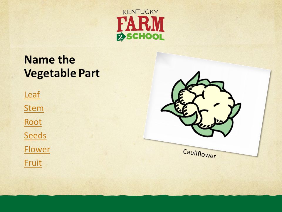 Name the Vegetable Part Leaf Stem Root Seeds Flower Fruit Cauliflower