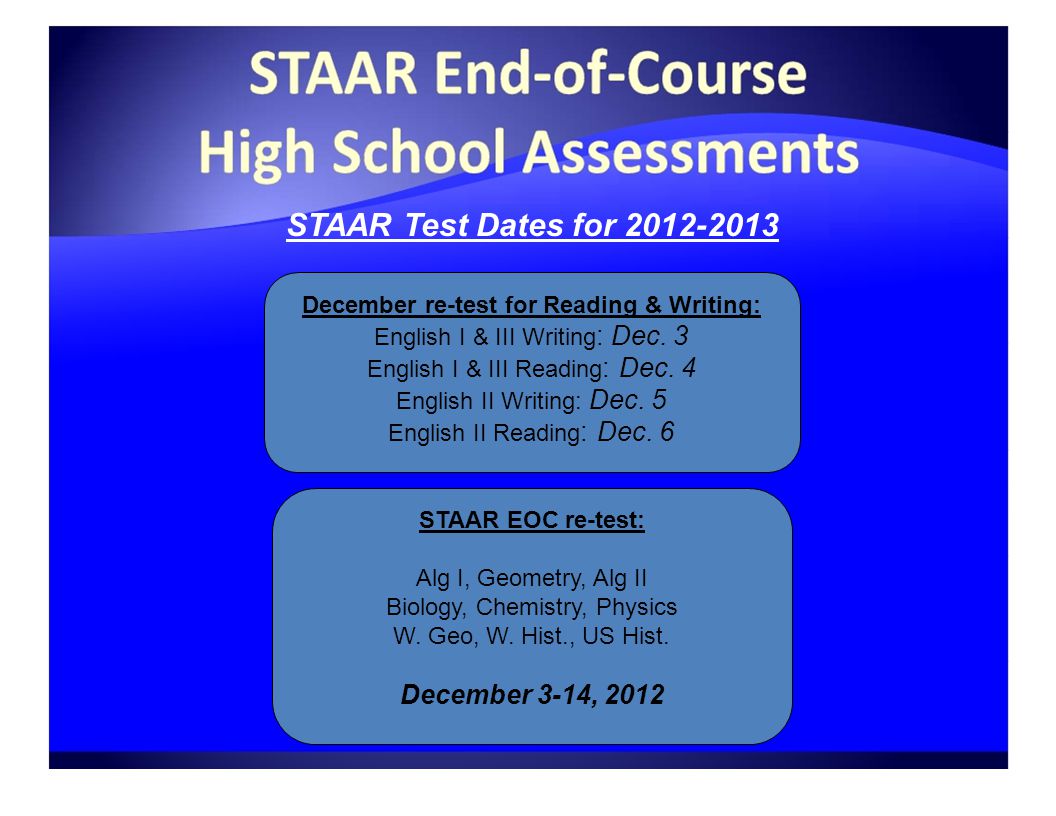 STAAR Test Dates for December re-test for Reading & Writing: English I & III Writing : Dec.