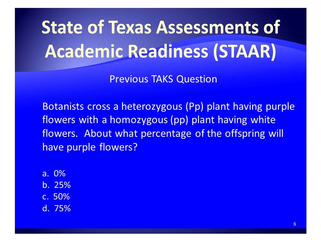 Previous TAKS Question Botanists cross a heterozygous (Pp) plant having purple flowers with a homozygous (pp) plant having white flowers.