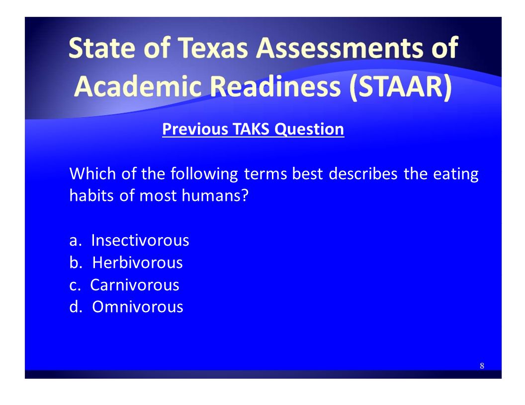 Previous TAKS Question Which of the following terms best describes the eating habits of most humans.