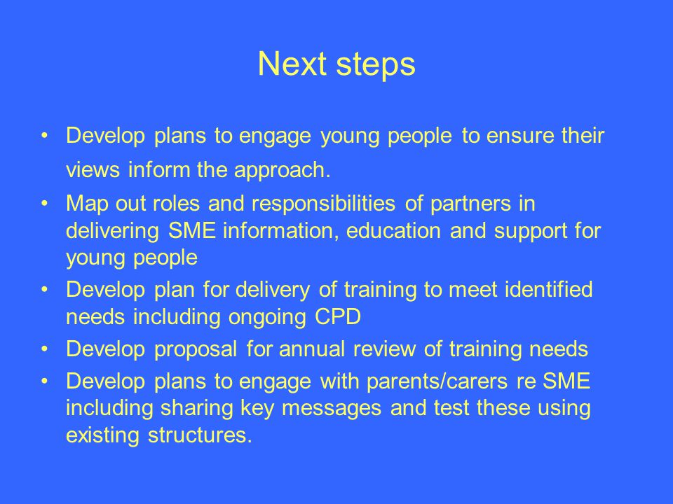 Next steps Develop plans to engage young people to ensure their views inform the approach.