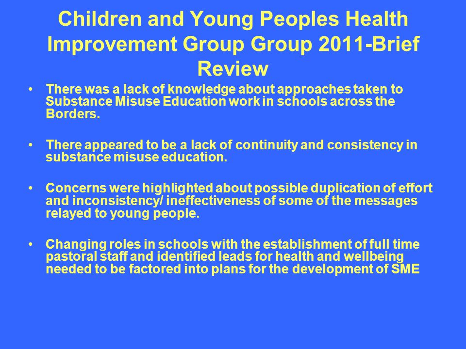 Children and Young Peoples Health Improvement Group Group 2011-Brief Review There was a lack of knowledge about approaches taken to Substance Misuse Education work in schools across the Borders.