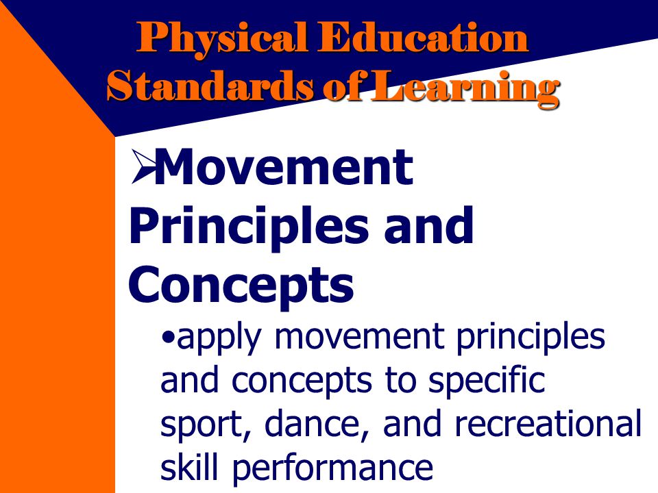 Physical Education Standards of Learning Movement Principles and Concepts apply movement principles and concepts to specific sport, dance, and recreational skill performance