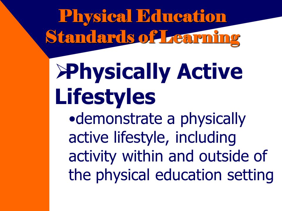 Physical Education Standards of Learning Physically Active Lifestyles demonstrate a physically active lifestyle, including activity within and outside of the physical education setting