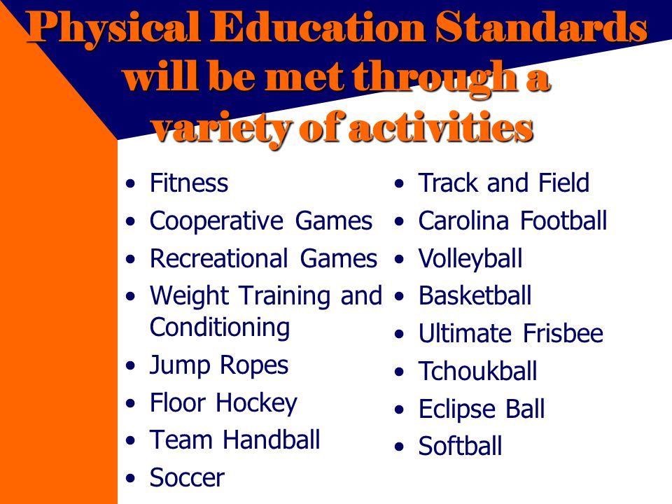 Physical Education Standards will be met through a variety of activities Fitness Cooperative Games Recreational Games Weight Training and Conditioning Jump Ropes Floor Hockey Team Handball Soccer Track and Field Carolina Football Volleyball Basketball Ultimate Frisbee Tchoukball Eclipse Ball Softball