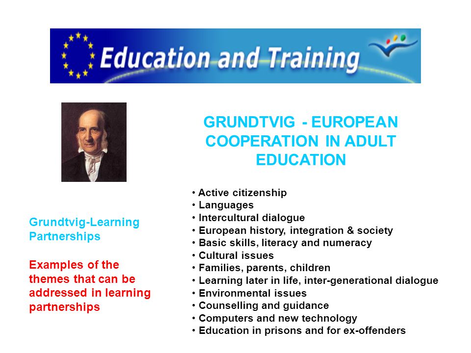 GRUNDTVIG - EUROPEAN COOPERATION IN ADULT EDUCATION Grundtvig-Learning Partnerships Examples of the themes that can be addressed in learning partnerships Active citizenship Languages Intercultural dialogue European history, integration & society Basic skills, literacy and numeracy Cultural issues Families, parents, children Learning later in life, inter-generational dialogue Environmental issues Counselling and guidance Computers and new technology Education in prisons and for ex-offenders