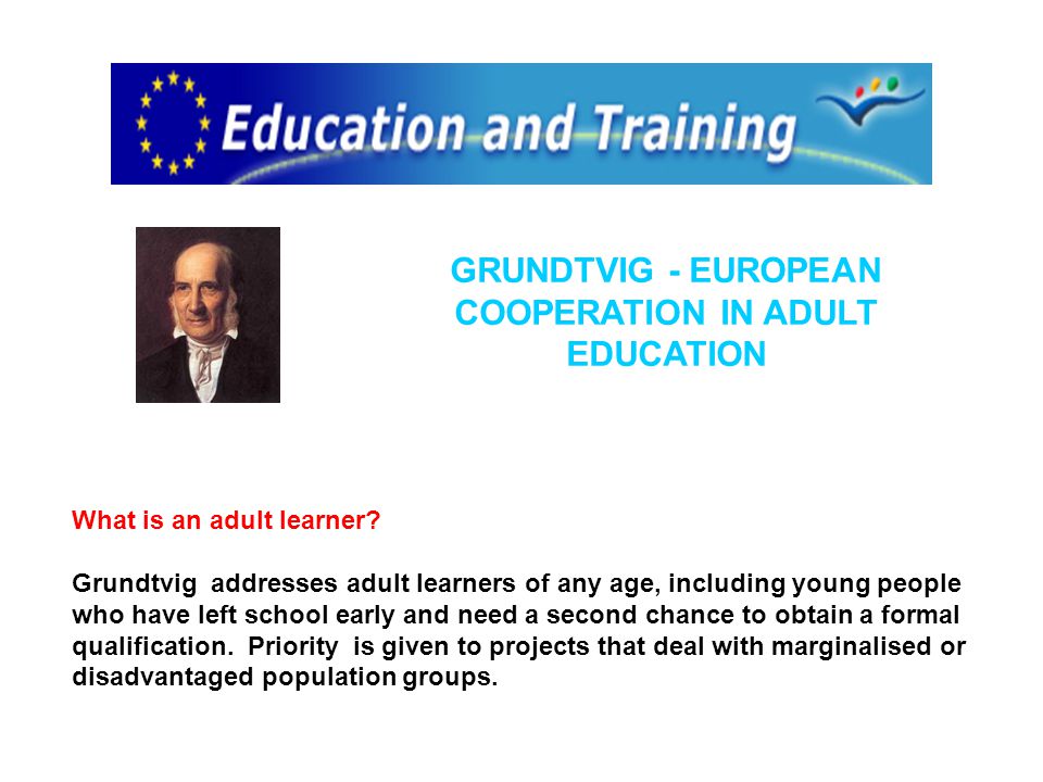 GRUNDTVIG - EUROPEAN COOPERATION IN ADULT EDUCATION What is an adult learner.