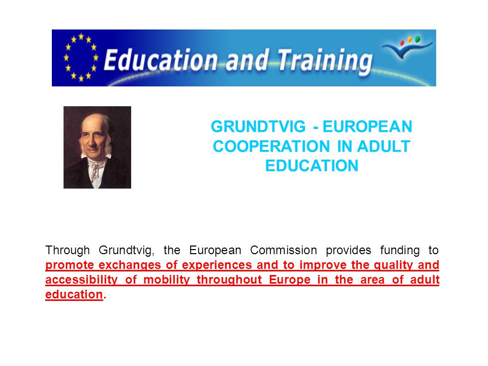 GRUNDTVIG - EUROPEAN COOPERATION IN ADULT EDUCATION Through Grundtvig, the European Commission provides funding to promote exchanges of experiences and to improve the quality and accessibility of mobility throughout Europe in the area of adult education.