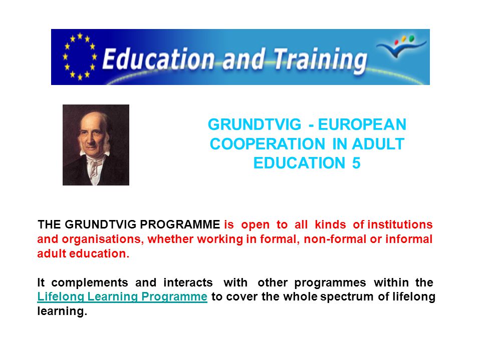 GRUNDTVIG - EUROPEAN COOPERATION IN ADULT EDUCATION 5 THE GRUNDTVIG PROGRAMME is open to all kinds of institutions and organisations, whether working in formal, non-formal or informal adult education.