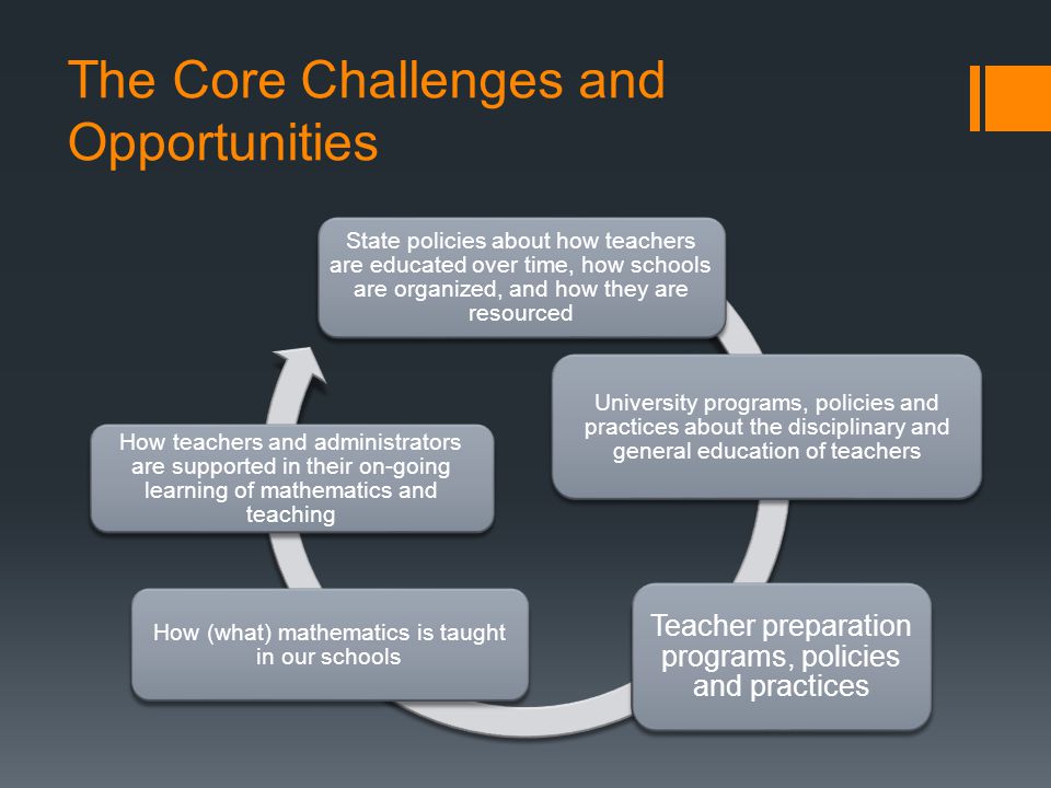 The Core Challenges and Opportunities State policies about how teachers are educated over time, how schools are organized, and how they are resourced University programs, policies and practices about the disciplinary and general education of teachers Teacher preparation programs, policies and practices How (what) mathematics is taught in our schools How teachers and administrators are supported in their on-going learning of mathematics and teaching