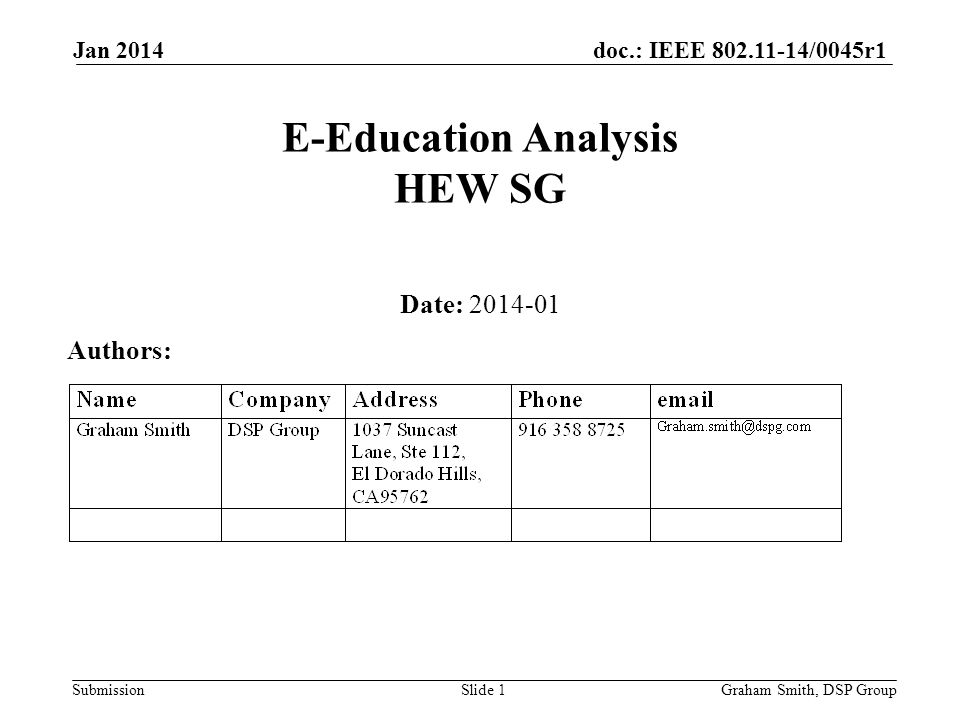 doc.: IEEE /0045r1 Submission Jan 2014 E-Education Analysis HEW SG Date: Authors: Graham Smith, DSP GroupSlide 1