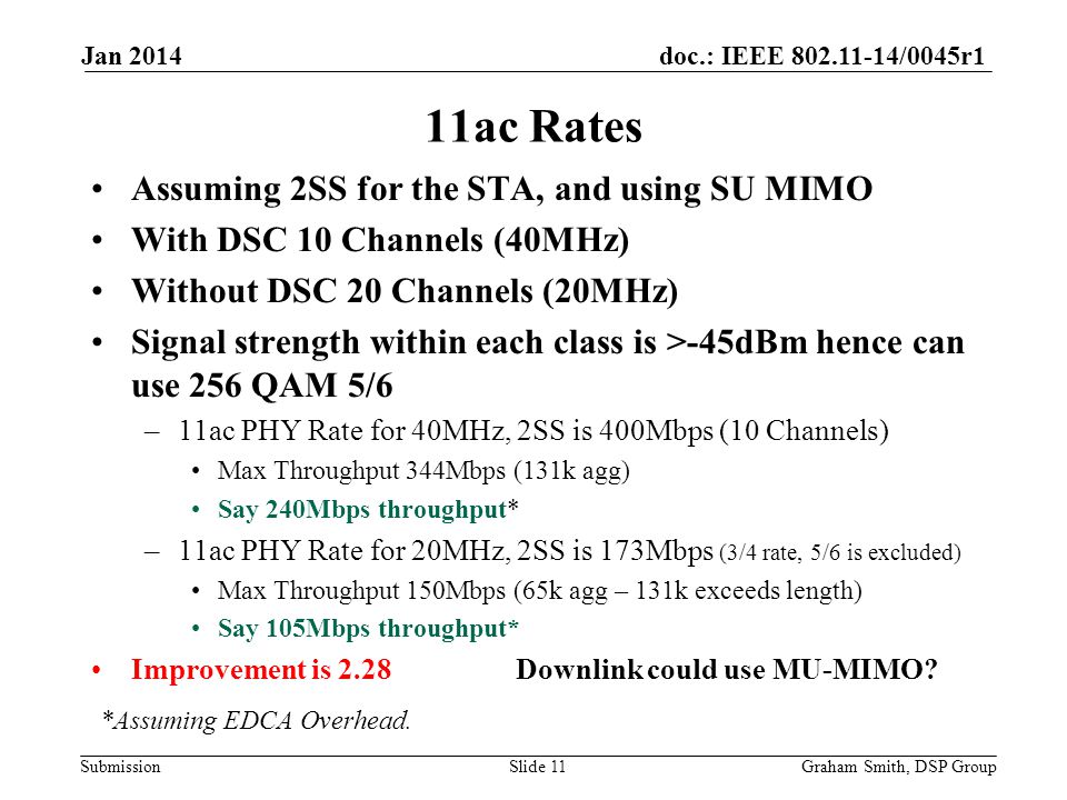 doc.: IEEE /0045r1 Submission Assuming 2SS for the STA, and using SU MIMO With DSC 10 Channels (40MHz) Without DSC 20 Channels (20MHz) Signal strength within each class is >-45dBm hence can use 256 QAM 5/6 –11ac PHY Rate for 40MHz, 2SS is 400Mbps (10 Channels) Max Throughput 344Mbps (131k agg) Say 240Mbps throughput* –11ac PHY Rate for 20MHz, 2SS is 173Mbps (3/4 rate, 5/6 is excluded) Max Throughput 150Mbps (65k agg – 131k exceeds length) Say 105Mbps throughput* Improvement is 2.28 Downlink could use MU-MIMO.