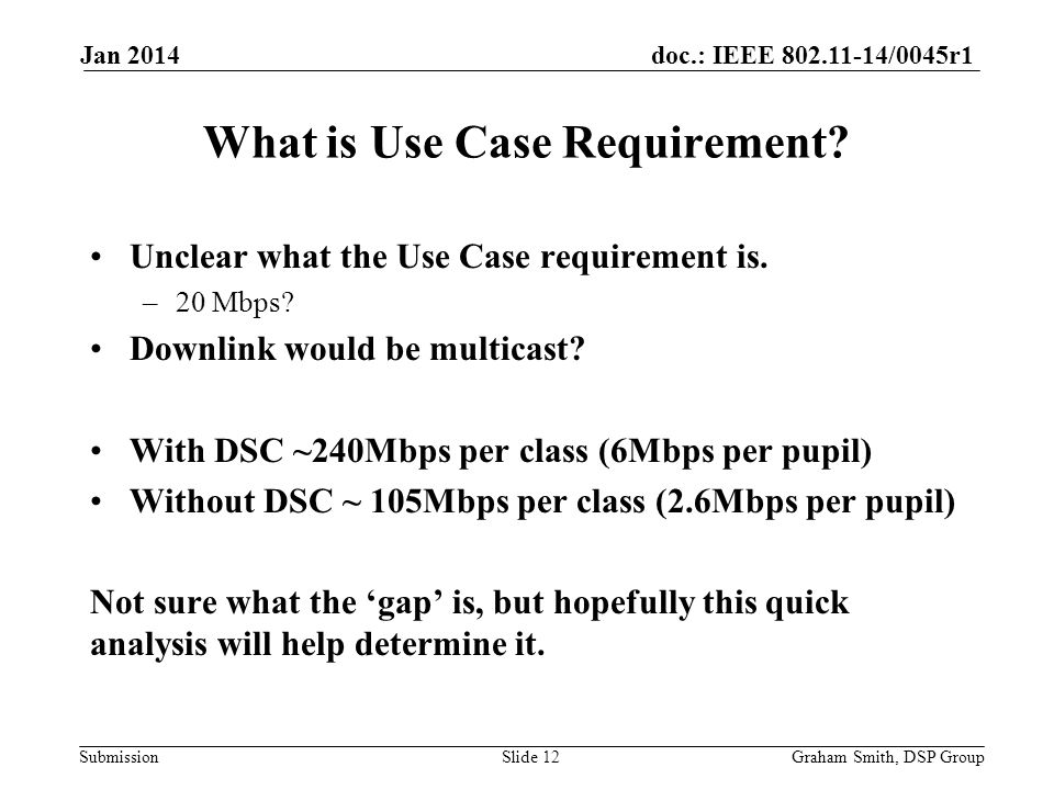 doc.: IEEE /0045r1 Submission Unclear what the Use Case requirement is.