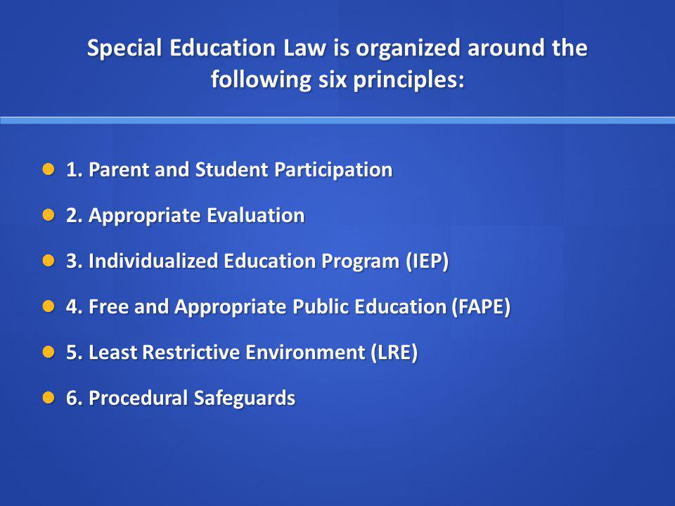 Special Education Law is organized around the following six principles: 1.