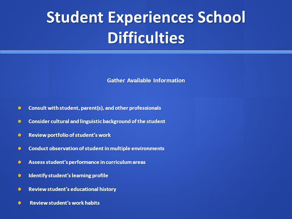 Student Experiences School Difficulties Gather Available Information Consult with student, parent(s), and other professionals Consult with student, parent(s), and other professionals Consider cultural and linguistic background of the student Consider cultural and linguistic background of the student Review portfolio of students work Review portfolio of students work Conduct observation of student in multiple environments Conduct observation of student in multiple environments Assess students performance in curriculum areas Assess students performance in curriculum areas Identify students learning profile Identify students learning profile Review students educational history Review students educational history Review students work habits Review students work habits *****See Handout Number 2