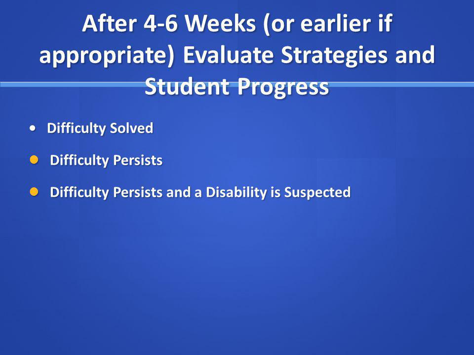 After 4-6 Weeks (or earlier if appropriate) Evaluate Strategies and Student Progress Difficulty Solved Difficulty Solved Difficulty Persists Difficulty Persists Difficulty Persists and a Disability is Suspected Difficulty Persists and a Disability is Suspected
