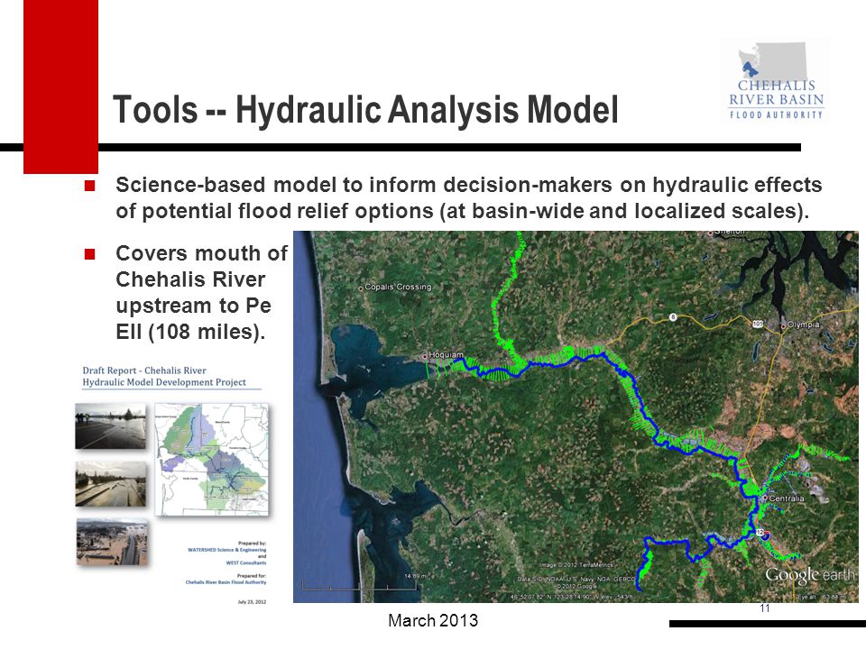 11 Tools -- Hydraulic Analysis Model Science-based model to inform decision-makers on hydraulic effects of potential flood relief options (at basin-wide and localized scales).
