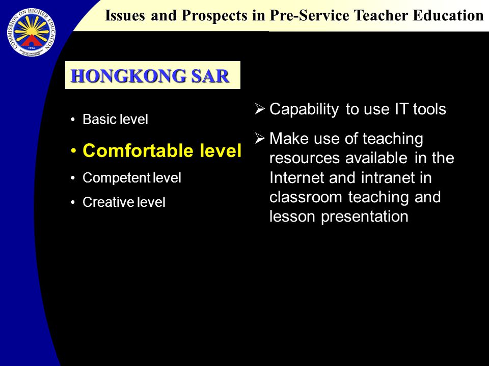 Issues and Prospects in Pre-Service Teacher Education Capability to use IT tools Make use of teaching resources available in the Internet and intranet in classroom teaching and lesson presentation Basic level Comfortable level Competent level Creative level HONGKONG SAR