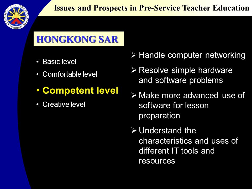 Issues and Prospects in Pre-Service Teacher Education Handle computer networking Resolve simple hardware and software problems Make more advanced use of software for lesson preparation Understand the characteristics and uses of different IT tools and resources Basic level Comfortable level Competent level Creative level HONGKONG SAR