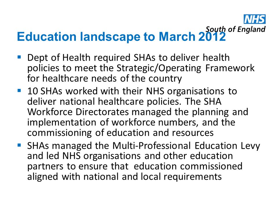 Education landscape to March 2012 Dept of Health required SHAs to deliver health policies to meet the Strategic/Operating Framework for healthcare needs of the country 10 SHAs worked with their NHS organisations to deliver national healthcare policies.