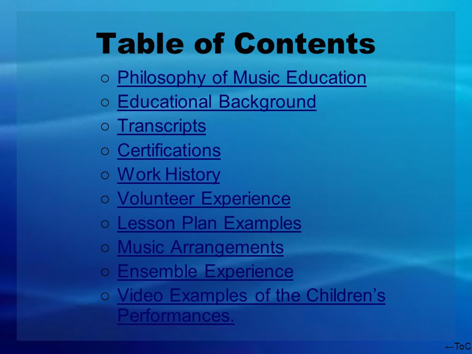 ToC Last updated: June 2010 Sandra Divnicks Elementary Music Education  Portfolio. - ppt download