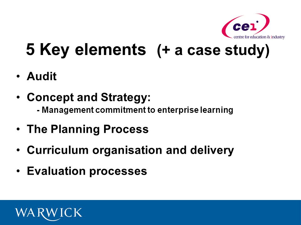 5 Key elements (+ a case study) Audit Concept and Strategy: - Management commitment to enterprise learning The Planning Process Curriculum organisation and delivery Evaluation processes