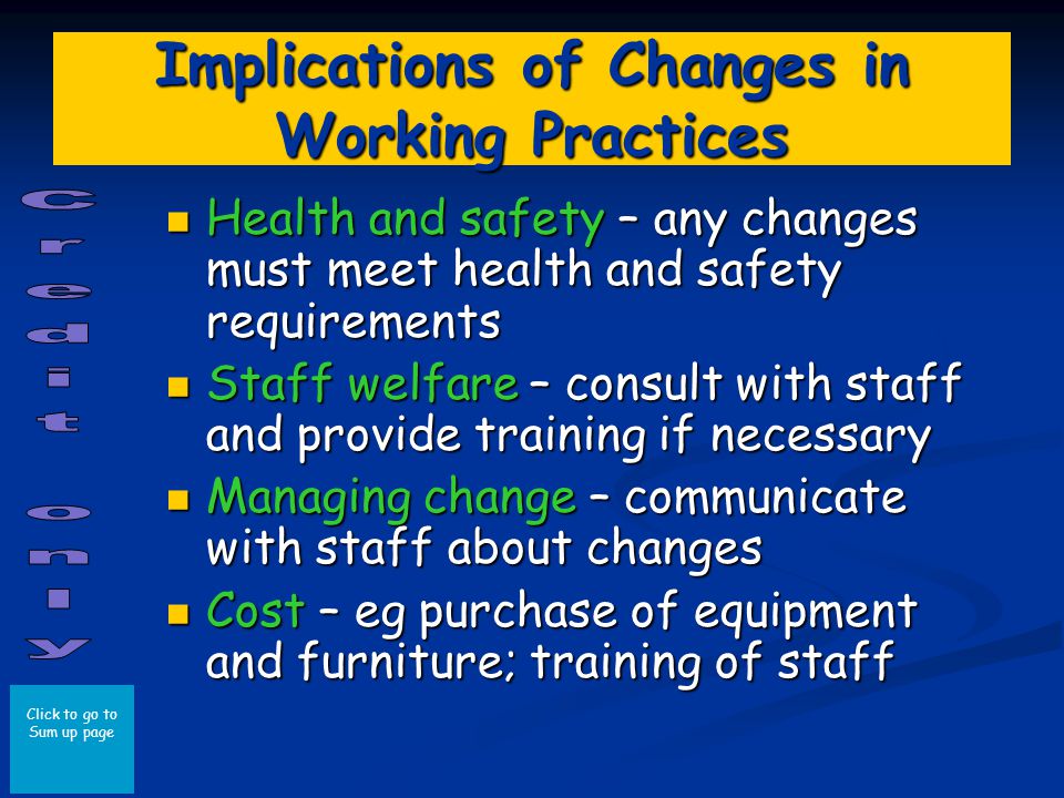 Click to go to Sum up page Implications of Changes in Working Practices Health and safety – any changes must meet health and safety requirements Health and safety – any changes must meet health and safety requirements Staff welfare – consult with staff and provide training if necessary Staff welfare – consult with staff and provide training if necessary Managing change – communicate with staff about changes Managing change – communicate with staff about changes Cost – eg purchase of equipment and furniture; training of staff Cost – eg purchase of equipment and furniture; training of staff