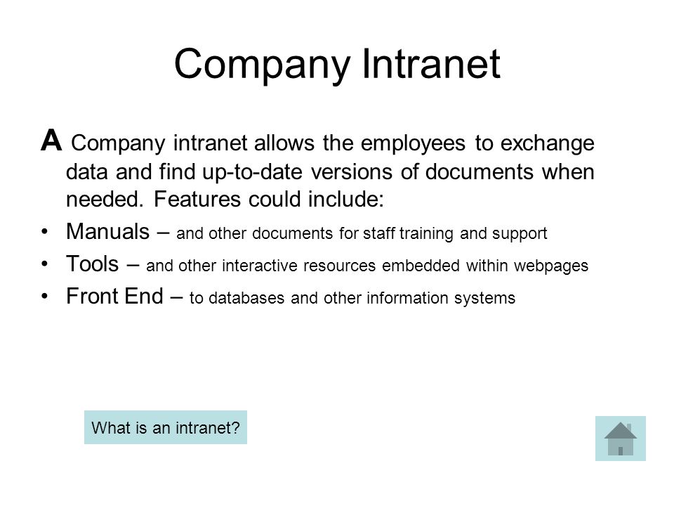 Company Intranet A Company intranet allows the employees to exchange data and find up-to-date versions of documents when needed.