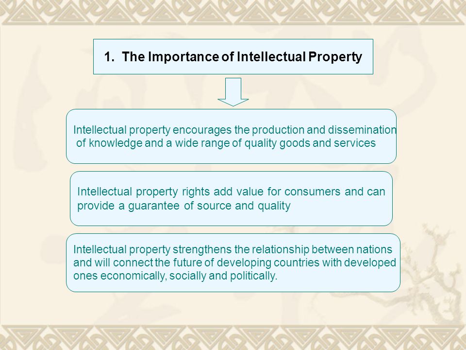 1.The Importance of Intellectual Property Intellectual property encourages the production and dissemination of knowledge and a wide range of quality goods and services Intellectual property rights add value for consumers and can provide a guarantee of source and quality Intellectual property strengthens the relationship between nations and will connect the future of developing countries with developed ones economically, socially and politically.