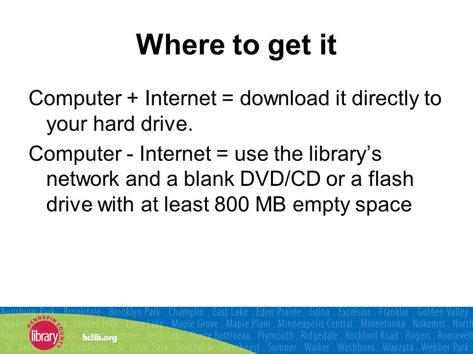 Where to get it Computer + Internet = download it directly to your hard drive.