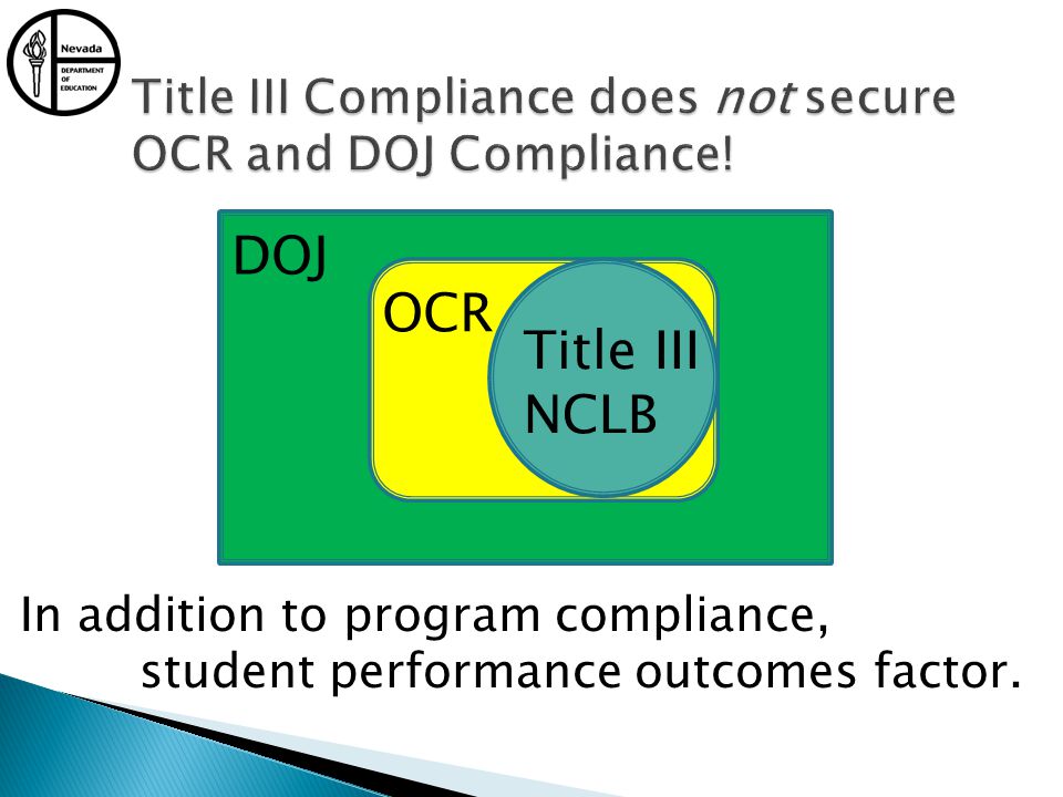 DOJ OCR Title III NCLB In addition to program compliance, student performance outcomes factor.
