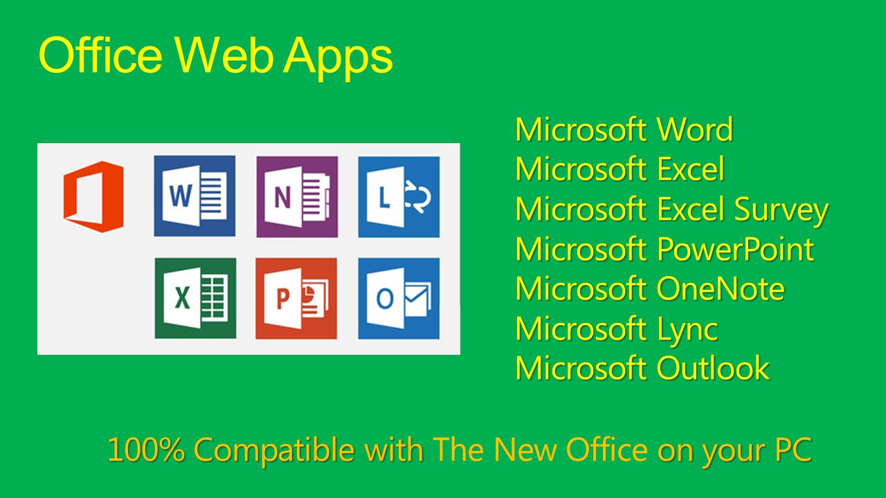 Office Web Apps Microsoft Word Microsoft Excel Microsoft Excel Survey Microsoft PowerPoint Microsoft OneNote Microsoft Lync Microsoft Outlook 100% Compatible with on your PC 100% Compatible with The New Office on your PC