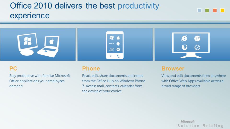 Solution Briefing PC Stay productive with familiar Microsoft Office applications your employees demand Phone Read, edit, share documents and notes from the Office Hub on Windows Phone 7.