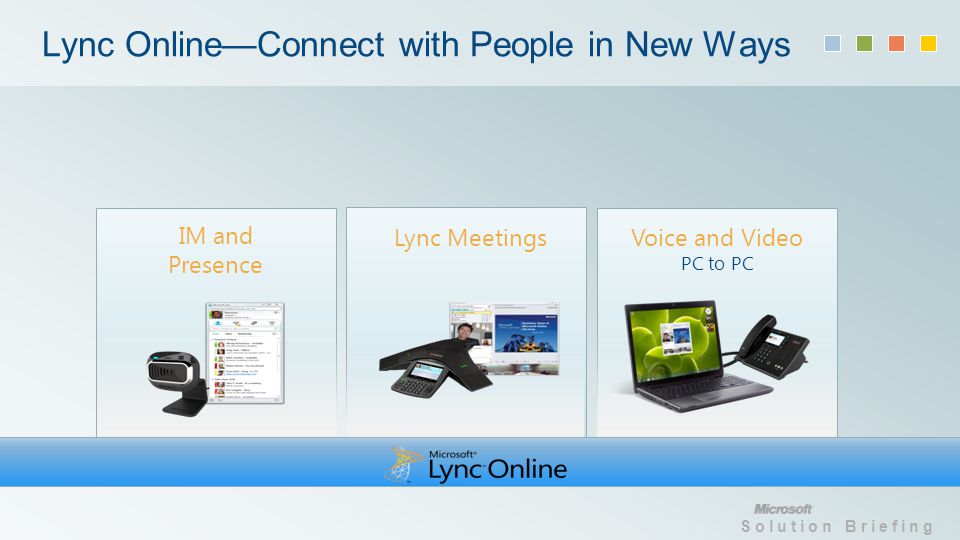 Solution Briefing Lync OnlineConnect with People in New Ways Lync Meetings Voice and Video PC to PC IM and Presence