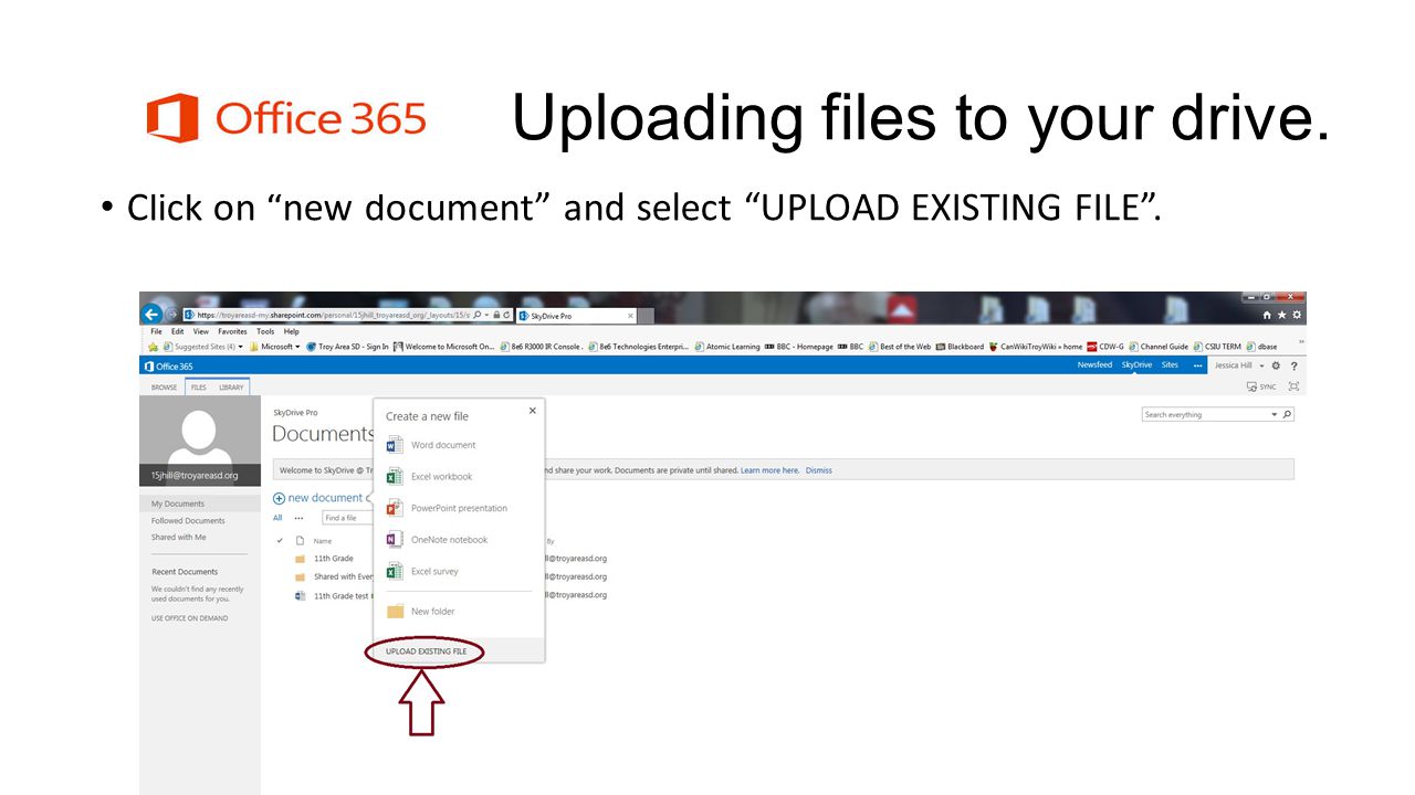Uploading files to your drive. Click on new document and select UPLOAD EXISTING FILE.