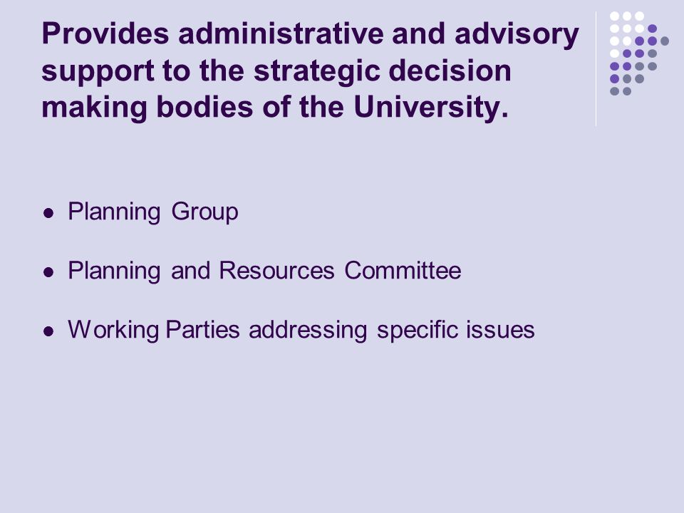 Provides administrative and advisory support to the strategic decision making bodies of the University.