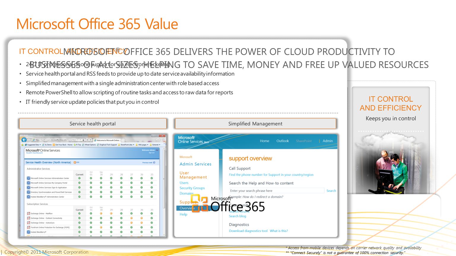 | Copyright© 2011 Microsoft Corporation BEST PRODUCTIVITY EXPERIENCE Work together, smarter Microsoft Office 365 Value ACCESS ANYWHERE* Solve problems from more places WORKS WITH WHAT YOU KNOW Familiar tools ROBUST SECURITY AND RELIABILITY 99.9% uptime.