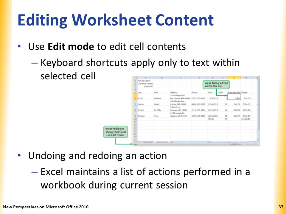 XP Editing Worksheet Content Use Edit mode to edit cell contents – Keyboard shortcuts apply only to text within selected cell Undoing and redoing an action – Excel maintains a list of actions performed in a workbook during current session New Perspectives on Microsoft Office
