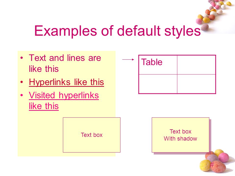 # Examples of default styles Text and lines are like this Hyperlinks like this Visited hyperlinks like this Table Text box With shadow Text box With shadow