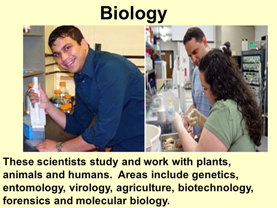 Biology These scientists study and work with plants, animals and humans.