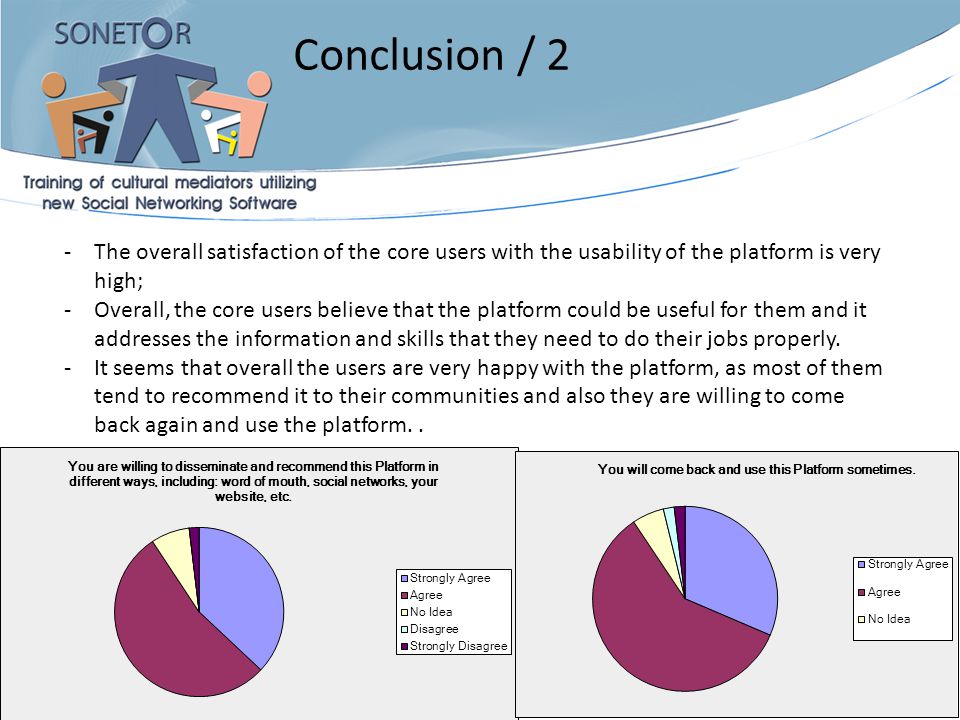 08/01/ The overall satisfaction of the core users with the usability of the platform is very high; -Overall, the core users believe that the platform could be useful for them and it addresses the information and skills that they need to do their jobs properly.