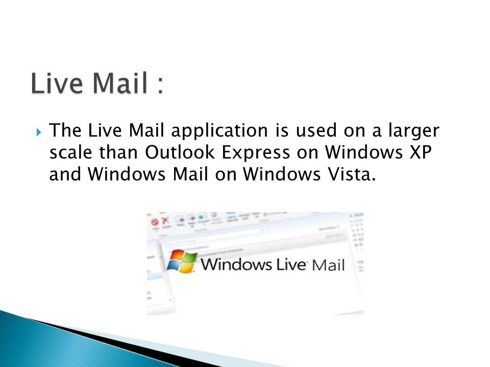  The Live Mail application is used on a larger scale than Outlook Express on Windows XP and Windows Mail on Windows Vista.