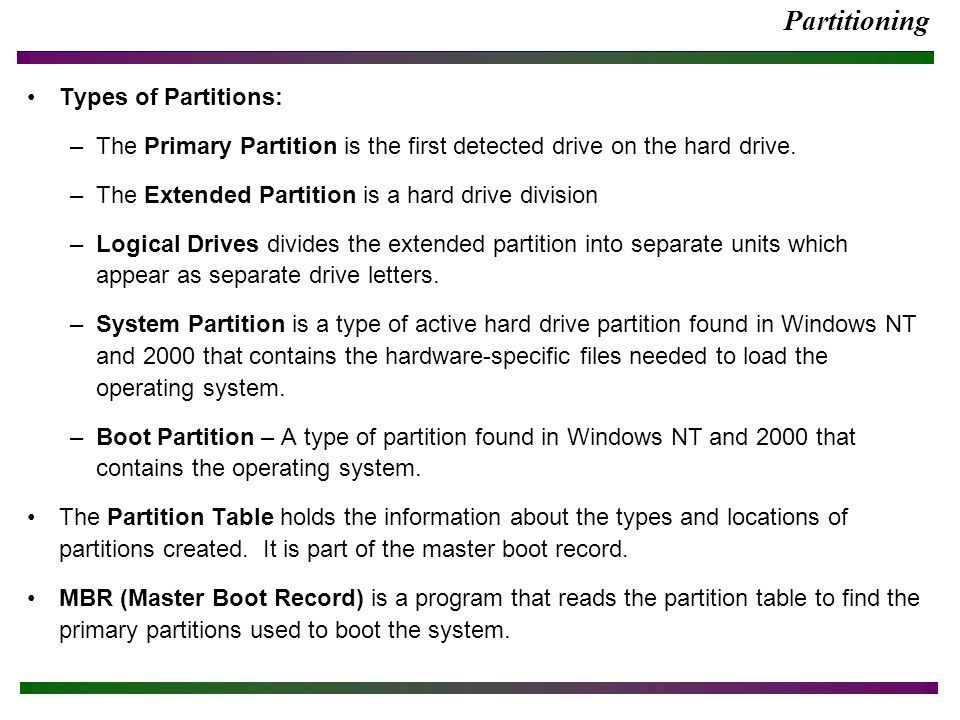 Partitioning Types of Partitions: –The Primary Partition is the first detected drive on the hard drive.