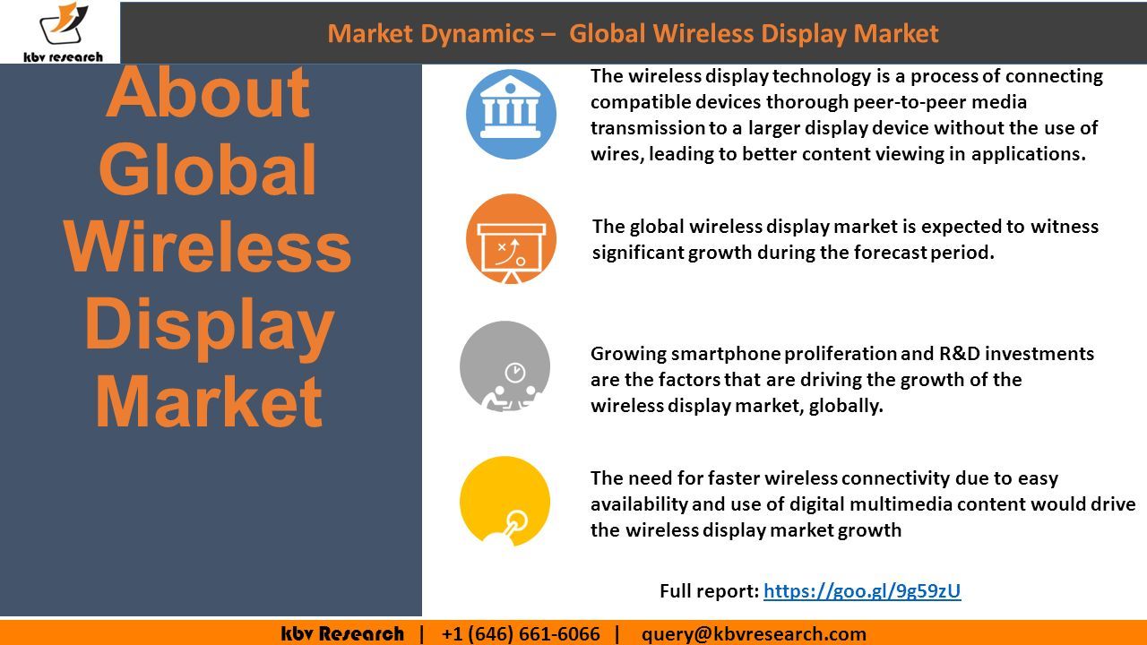 kbv Research | +1 (646) | The wireless display technology is a process of connecting compatible devices thorough peer-to-peer media transmission to a larger display device without the use of wires, leading to better content viewing in applications.