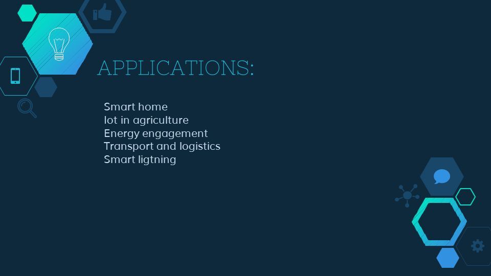APPLICATIONS: ◇ Smart home ◇ Iot in agriculture ◇ Energy engagement ◇ Transport and logistics ◇ Smart ligtning