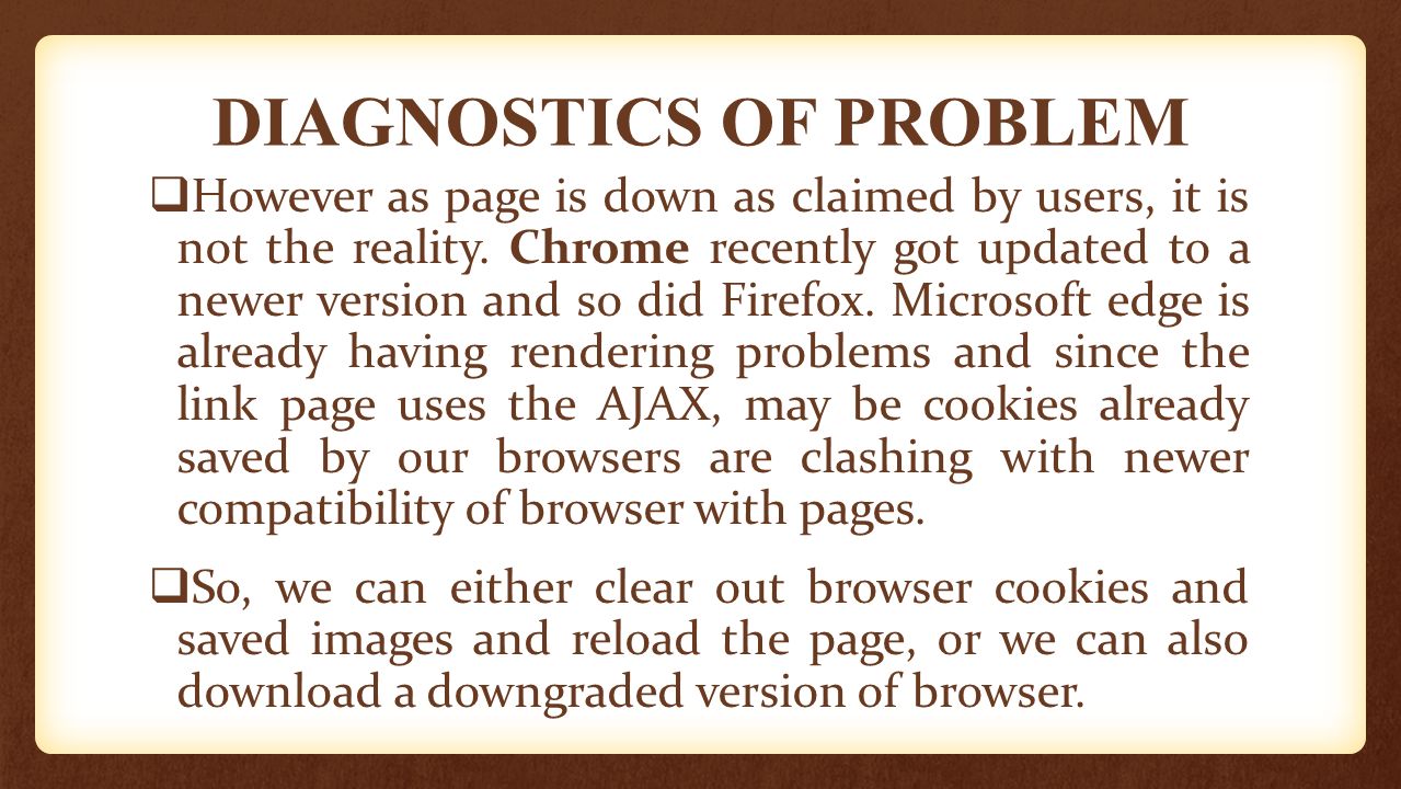 DIAGNOSTICS OF PROBLEM  However as page is down as claimed by users, it is not the reality.